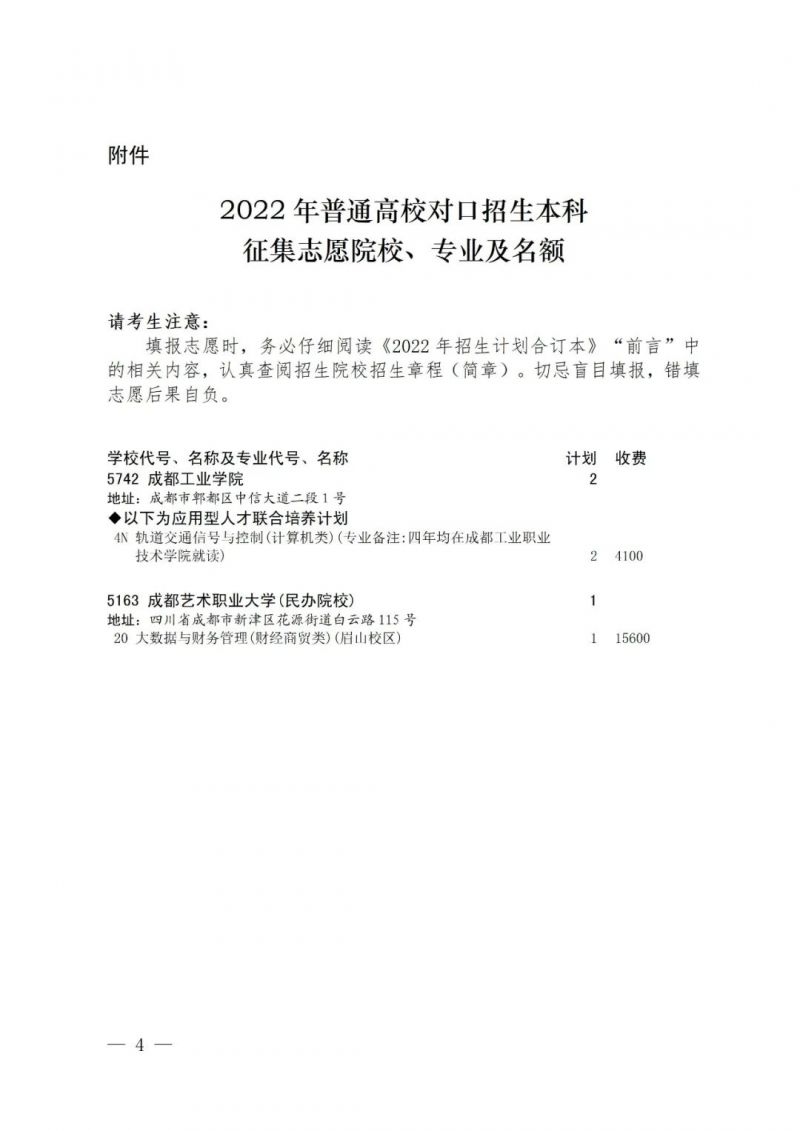 2022年普通高校对口招生本科征集志愿院校、专业及名额